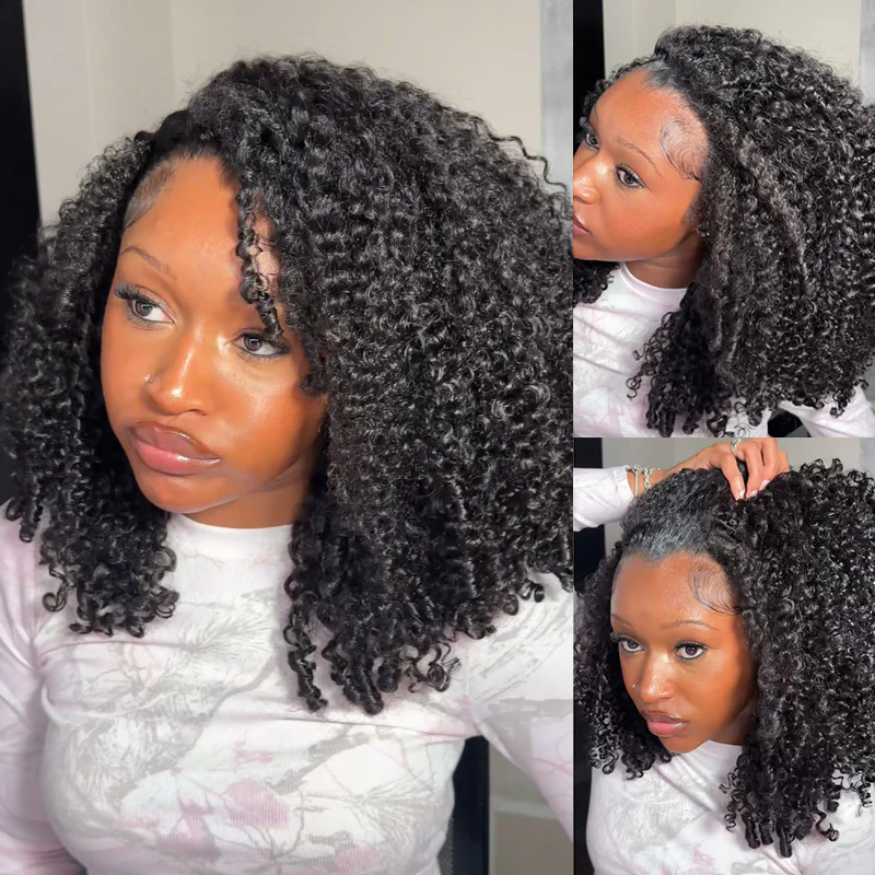 Coily Curly Half Wig, Seamless Kinky Curly Flip Over Wig for Beginners