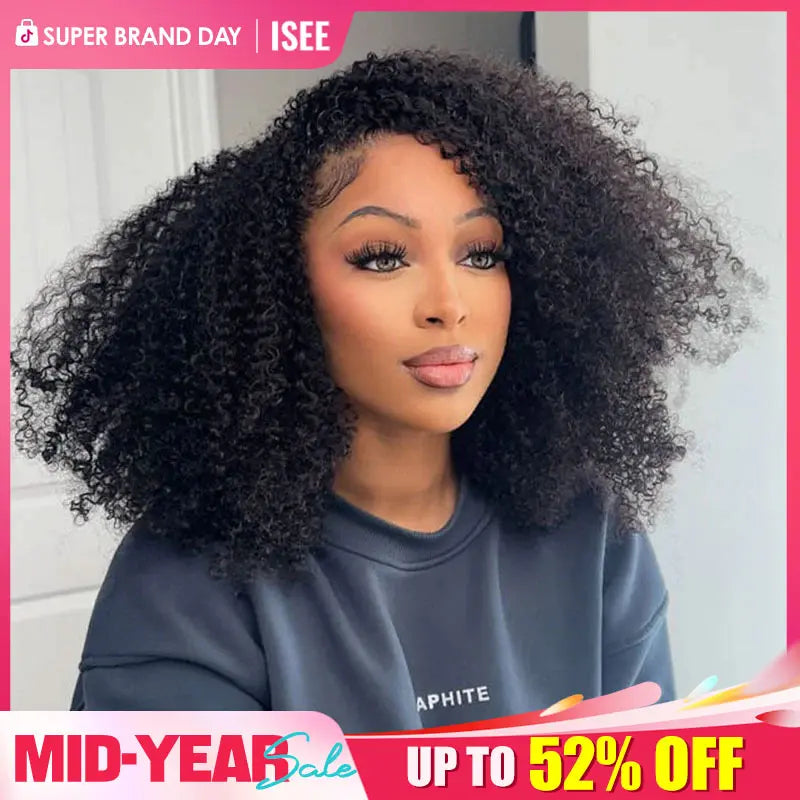 Afro Curly Wear‑Go Half Wig Glueless Human Hair Wig, Invisible Hairline Seamless Flip‑Over Wig With Drawstrings, No‑Lace 10‑Seconds Flip‑Over Wig for Updo & Down Styles, Beginner‑Friendly