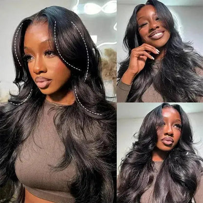 M‑Cap Human Hair Lace Front Wig, Face‑Framing Layered Body Wave With Curtain Bangs, 9x6 Wear‑Go Glueless Frontal Wig, Pre‑Cut HD Lace, Mini Knots for Vacation Hairstyles