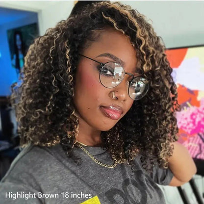 Glueless Human Hair Half Wig, Highlight Brown Kinky Curly, InvisiFit Strap Invisible Drawstring Flip‑Over Knotless Braided Wig, Seamless Hairline, Adjustable Fit, Beginner‑Friendly