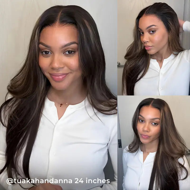 Wear Go Straight 7*5 Lace Front Glueless Human Hair Wig Brown Balayage Highlight Layered Cut Wig With Drawstring Cap for Women