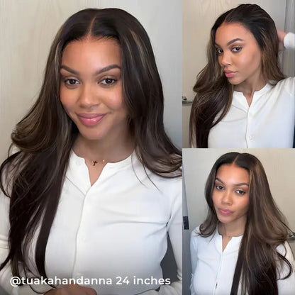 Wear Go Straight 7*5 Lace Front Glueless Human Hair Wig Brown Balayage Highlight Layered Cut Wig With Drawstring Cap for Women