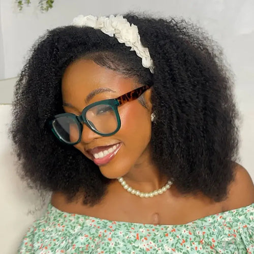 Afro Curly Wear‑Go Half Wig Glueless Human Hair Wig, Invisible Hairline Seamless Flip‑Over Wig With Drawstrings, No‑Lace 10‑Seconds Flip‑Over Wig for Updo & Down Styles, Beginner‑Friendly