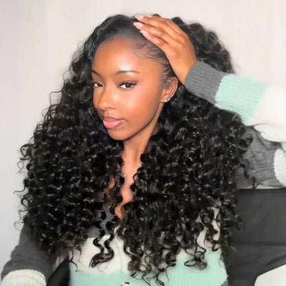 Loose Curly Glueless Drawstring Human Hair Half Wig, Flip‑Over Invisible Hairline for Beginners