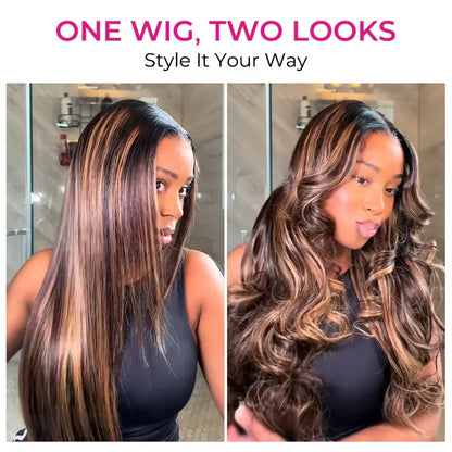 Wear Go Straight 7*5 Lace Front Glueless Human Hair Wig Brown Balayage Highlight Layered Cut Wig With Drawstring Cap for Women