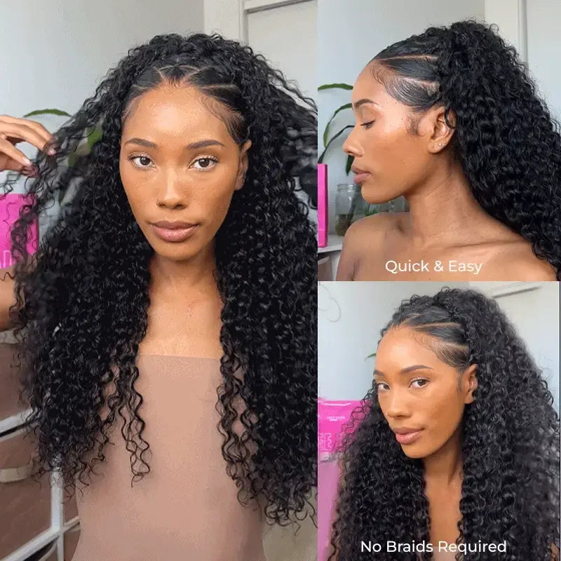 Water Wave Wear Go Half Wig Glueless Human Hair Wig, Invisible Hairline Seamless Flip Over Wig, Beginner‑Friendly No Leave‑Out Summer Budget Wig Beach Essentials
