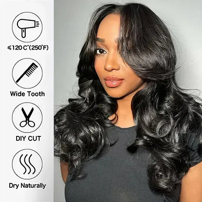 M‑Cap Human Hair Lace Front Wig, Face‑Framing Layered Body Wave With Curtain Bangs, 9x6 Wear‑Go Glueless Frontal Wig, Pre‑Cut HD Lace, Mini Knots for Vacation Hairstyles