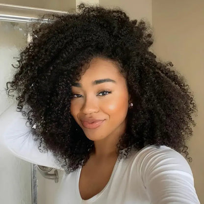 Afro Curly Wear‑Go Half Wig Glueless Human Hair Wig, Invisible Hairline Seamless Flip‑Over Wig With Drawstrings, No‑Lace 10‑Seconds Flip‑Over Wig for Updo & Down Styles, Beginner‑Friendly