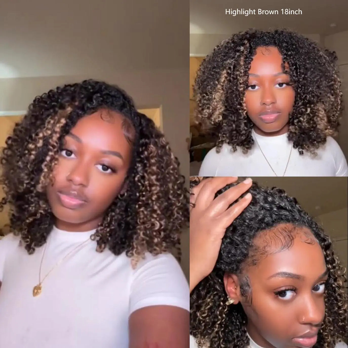 Glueless Human Hair Half Wig, Highlight Brown Kinky Curly, InvisiFit Strap Invisible Drawstring Flip‑Over Knotless Braided Wig, Seamless Hairline, Adjustable Fit, Beginner‑Friendly