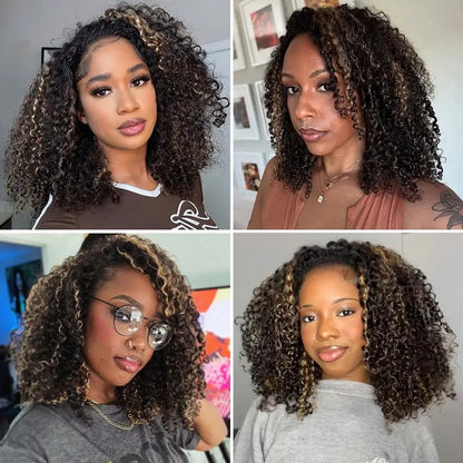 Glueless Human Hair Half Wig, Highlight Brown Kinky Curly, InvisiFit Strap Invisible Drawstring Flip‑Over Knotless Braided Wig, Seamless Hairline, Adjustable Fit, Beginner‑Friendly
