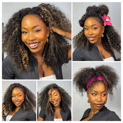 Glueless Human Hair Half Wig, Highlight Brown Kinky Curly, InvisiFit Strap Invisible Drawstring Flip‑Over Knotless Braided Wig, Seamless Hairline, Adjustable Fit, Beginner‑Friendly