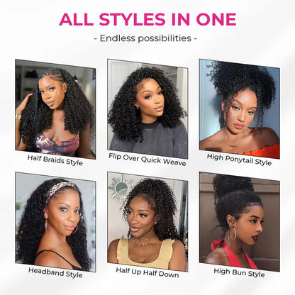 Afro Curly Wear‑Go Half Wig Glueless Human Hair Wig, Invisible Hairline Seamless Flip‑Over Wig With Drawstrings, No‑Lace 10‑Seconds Flip‑Over Wig for Updo & Down Styles, Beginner‑Friendly