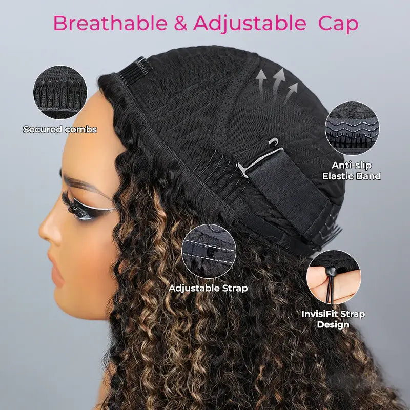 Glueless Human Hair Half Wig, Highlight Brown Kinky Curly, InvisiFit Strap Invisible Drawstring Flip‑Over Knotless Braided Wig, Seamless Hairline, Adjustable Fit, Beginner‑Friendly
