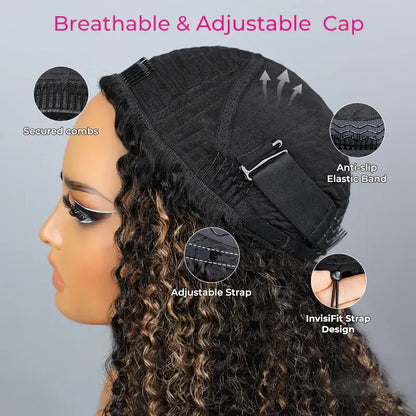 Glueless Human Hair Half Wig, Highlight Brown Kinky Curly, InvisiFit Strap Invisible Drawstring Flip‑Over Knotless Braided Wig, Seamless Hairline, Adjustable Fit, Beginner‑Friendly