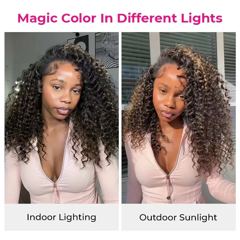 Glueless Human Hair Half Wig, Highlight Brown Kinky Curly, InvisiFit Strap Invisible Drawstring Flip‑Over Knotless Braided Wig, Seamless Hairline, Adjustable Fit, Beginner‑Friendly