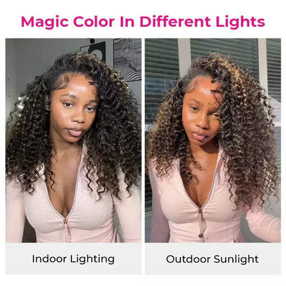 Glueless Human Hair Half Wig, Highlight Brown Kinky Curly, InvisiFit Strap Invisible Drawstring Flip‑Over Knotless Braided Wig, Seamless Hairline, Adjustable Fit, Beginner‑Friendly