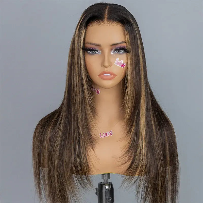 Wear Go Straight 7*5 Lace Front Glueless Human Hair Wig Brown Balayage Highlight Layered Cut Wig With Drawstring Cap for Women
