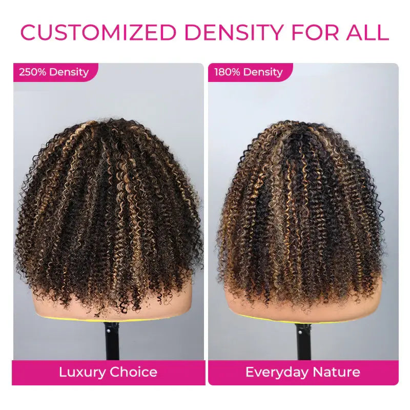 Glueless Human Hair Half Wig, Highlight Brown Kinky Curly, InvisiFit Strap Invisible Drawstring Flip‑Over Knotless Braided Wig, Seamless Hairline, Adjustable Fit, Beginner‑Friendly