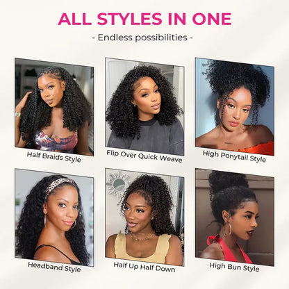 Loose Curly Glueless Drawstring Human Hair Half Wig, Flip‑Over Invisible Hairline for Beginners