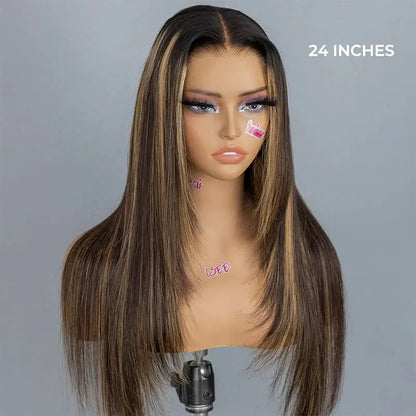 Wear Go Straight 7*5 Lace Front Glueless Human Hair Wig Brown Balayage Highlight Layered Cut Wig With Drawstring Cap for Women