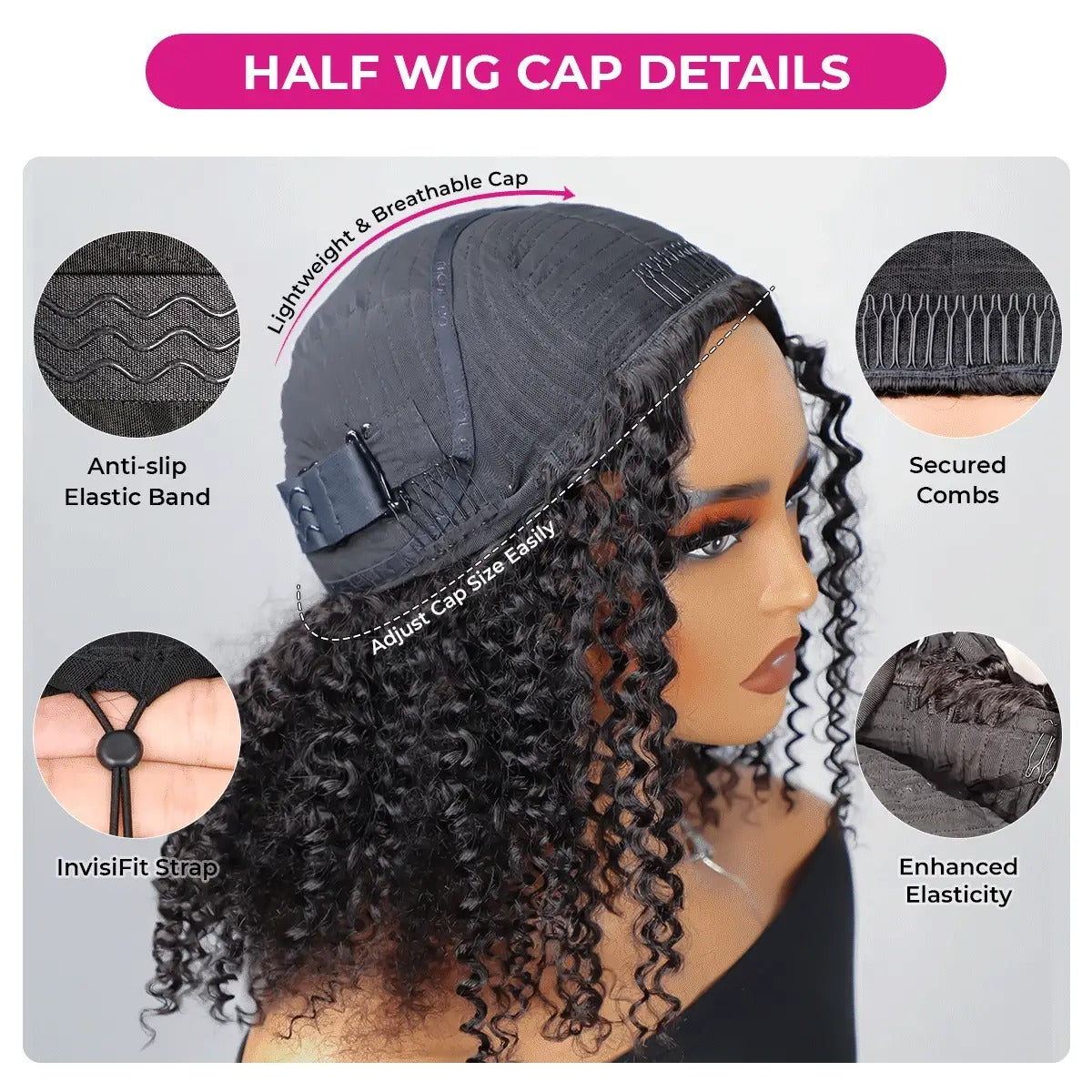 Wear Go Afro Curly Drawstring Flip‑Over Half Wig, InvisiFit Strap Real Invisible Hairline Glueless Human Hair Wig