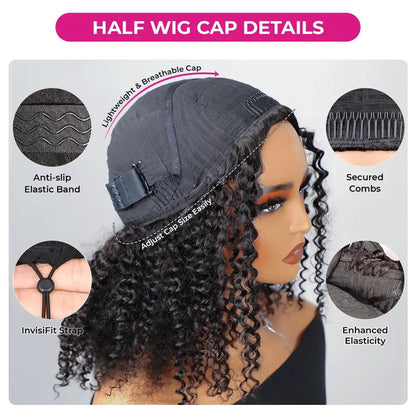 Wear Go Afro Curly Drawstring Flip‑Over Half Wig, InvisiFit Strap Real Invisible Hairline Glueless Human Hair Wig