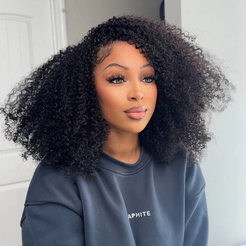 Wear Go Afro Curly Drawstring Flip‑Over Half Wig, InvisiFit Strap Real Invisible Hairline Glueless Human Hair Wig