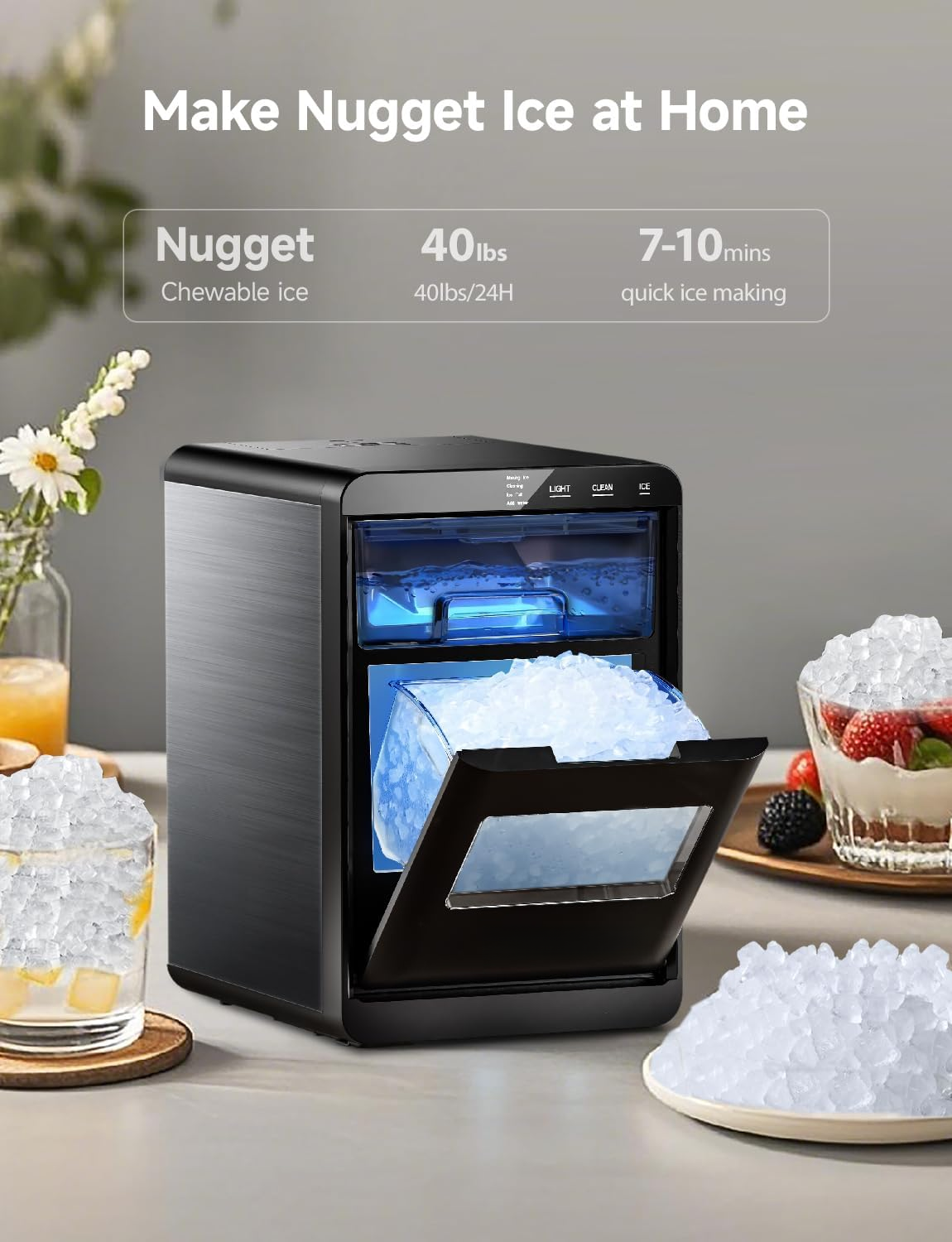 40Lbs Nugget Ice Maker, Ready in 7–10 Mins, Self-Cleaning Pebble Ice Machine