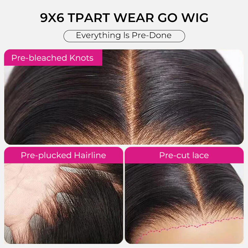 9x6 T‑Part Wear Go Glueless Lace Wig, Yaki Straight Layered Cut Bob Wig Natural Black Deep Part Lace Wig for Women