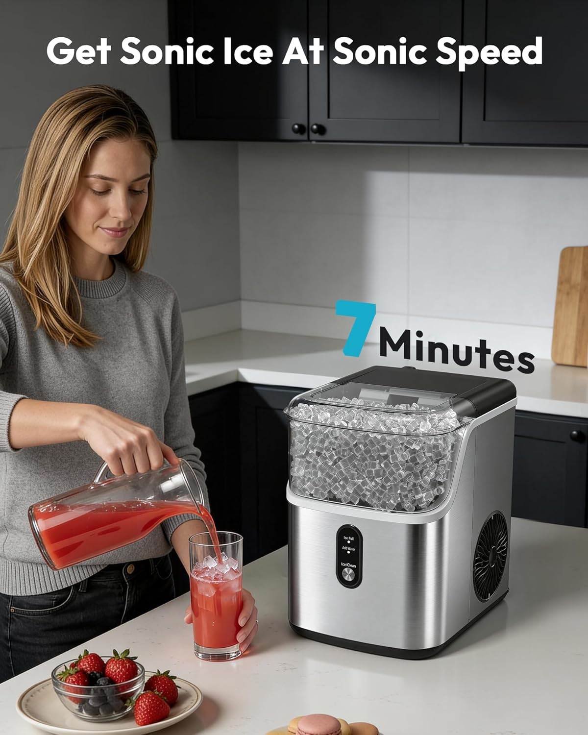 34Lbs Nugget Ice Maker Countertop, 7-Minute Pebble Ice Maker, Self-Cleaning