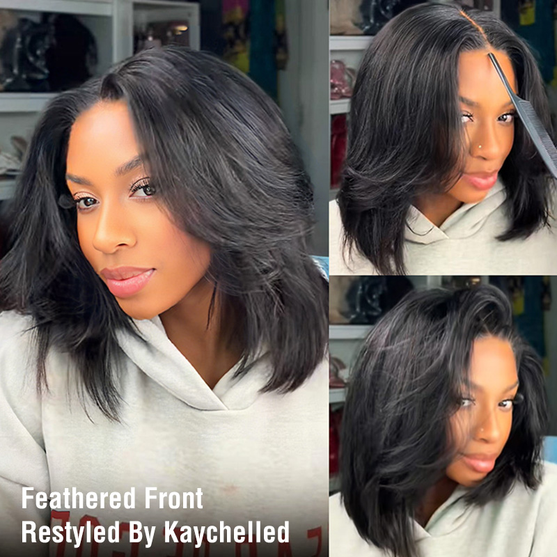 9x6 T‑Part Wear Go Glueless Lace Wig, Yaki Straight Layered Cut Bob Wig Natural Black Deep Part Lace Wig for Women