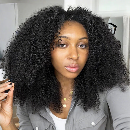 Wear Go Afro Curly Drawstring Flip‑Over Half Wig, InvisiFit Strap Real Invisible Hairline Glueless Human Hair Wig
