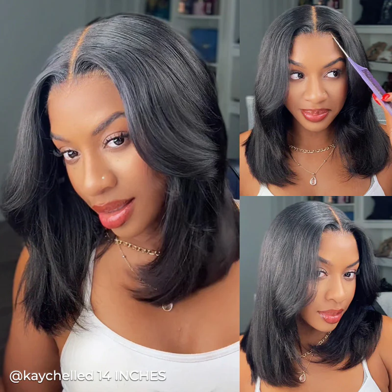 9x6 T‑Part Wear Go Glueless Lace Wig, Yaki Straight Layered Cut Bob Wig Natural Black Deep Part Lace Wig for Women