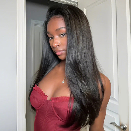 Wear Go Yaki Straight Drawstring Flip‑Over Half Wig, InvisiFit Strap Invisible Hairline Glueless Human Hair Wig