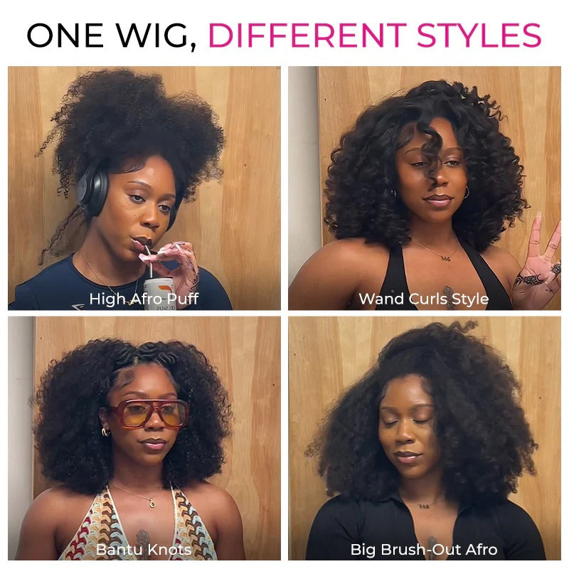 Wear Go Afro Curly Drawstring Flip‑Over Half Wig, InvisiFit Strap Real Invisible Hairline Glueless Human Hair Wig