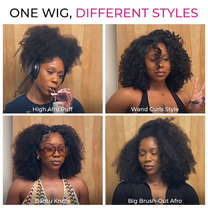 Wear Go Afro Curly Drawstring Flip‑Over Half Wig, InvisiFit Strap Real Invisible Hairline Glueless Human Hair Wig