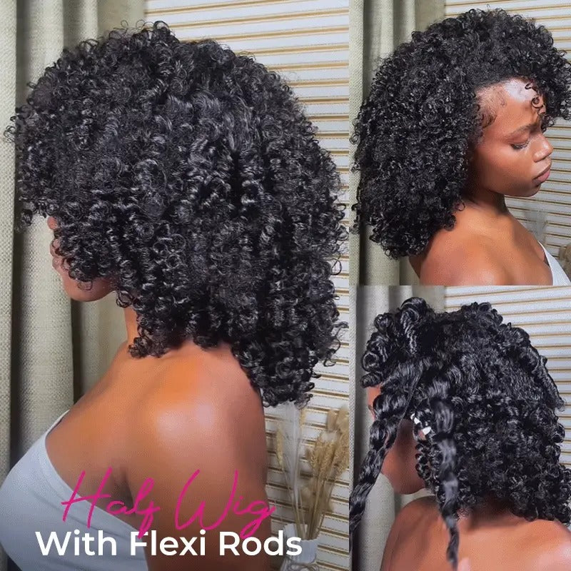 Wear Go Afro Curly Drawstring Flip‑Over Half Wig, InvisiFit Strap Real Invisible Hairline Glueless Human Hair Wig