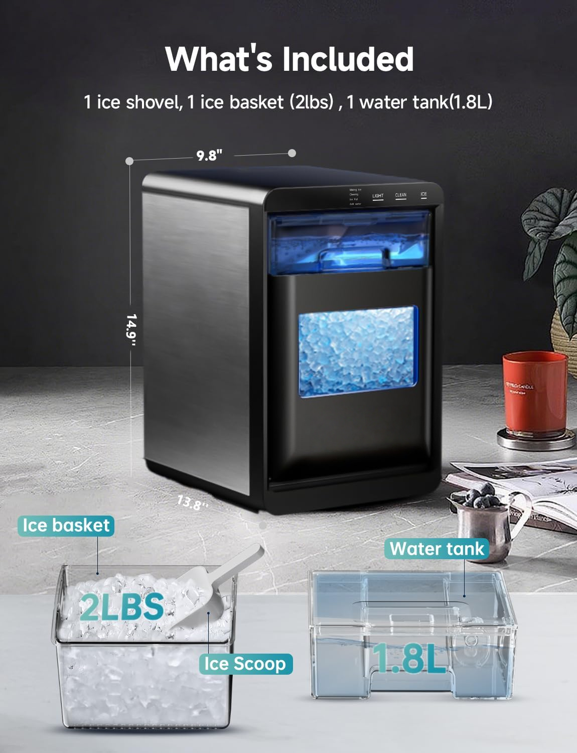 40Lbs Nugget Ice Maker, Ready in 7–10 Mins, Self-Cleaning Pebble Ice Machine