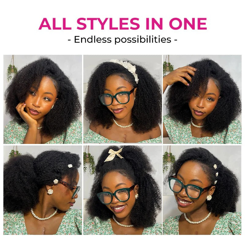 Wear Go Afro Curly Drawstring Flip‑Over Half Wig, InvisiFit Strap Real Invisible Hairline Glueless Human Hair Wig