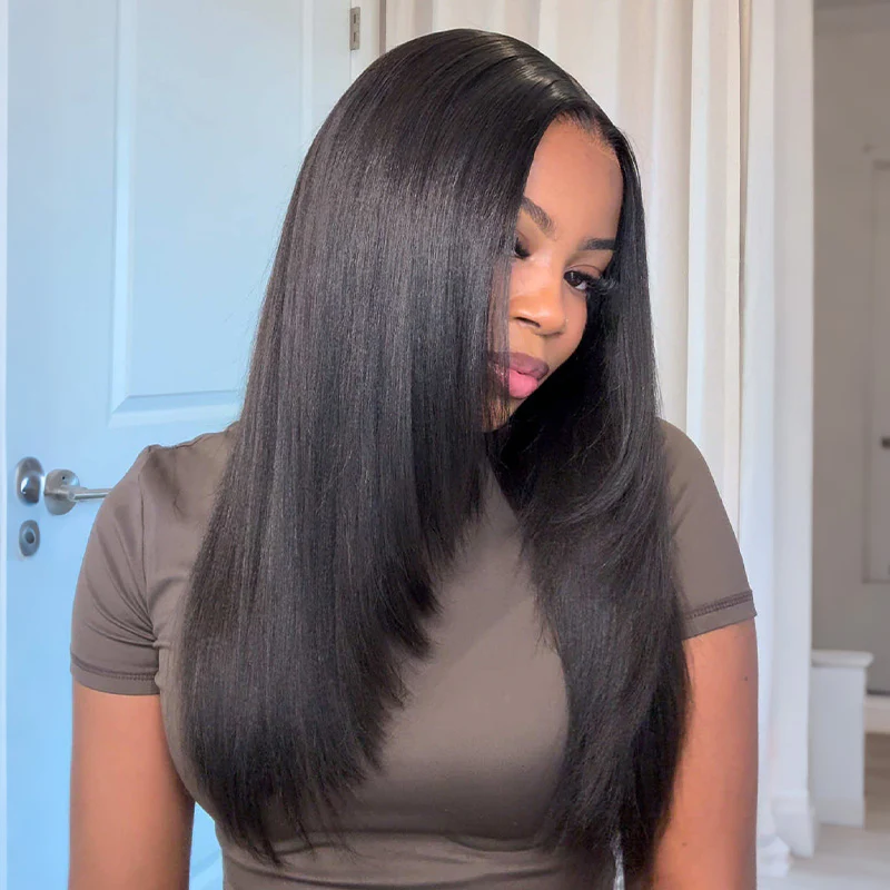 9x6 T‑Part Wear Go Glueless Lace Wig, Yaki Straight Layered Cut Bob Wig Natural Black Deep Part Lace Wig for Women