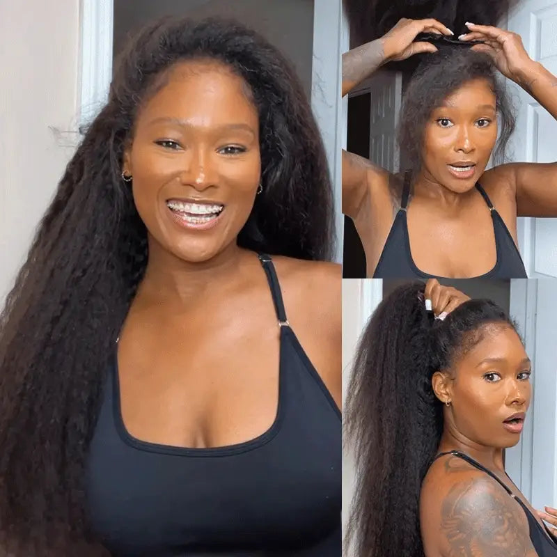 Wear Go Kinky Straight Flip‑Over Half Wig, Invisible Hairline Glueless Human Hair Wig for Beginners