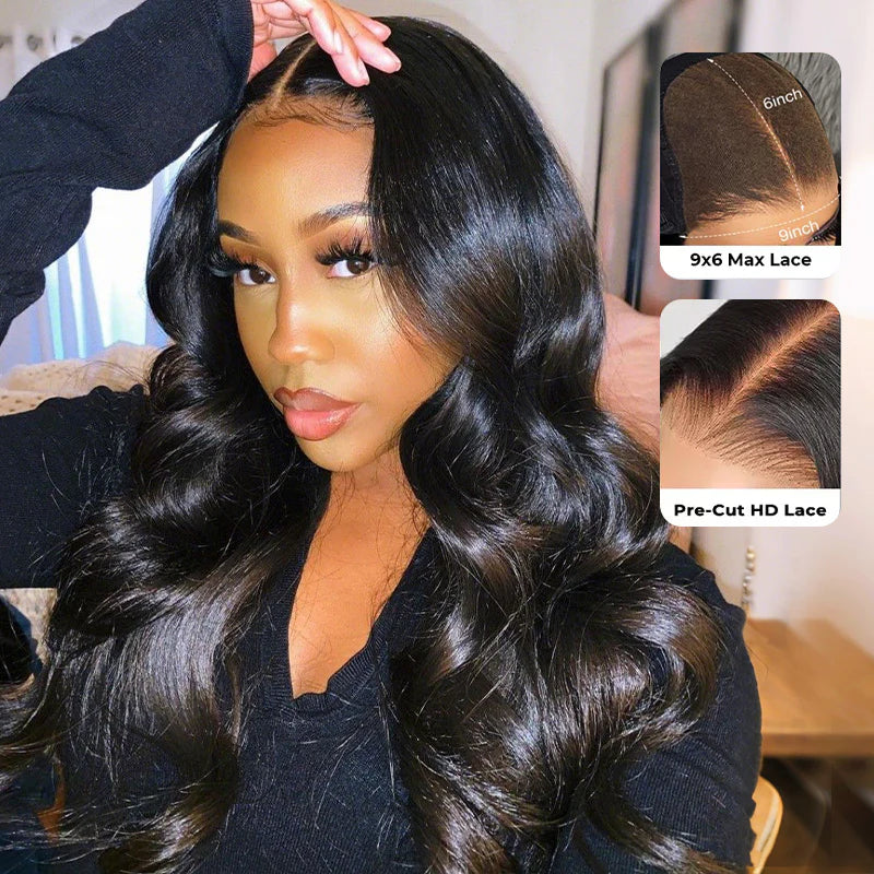 M‑Cap 9x6 Body Wave Wear Go Glueless Human Hair Wig, Pre‑Bleached Tiny Knots HD Lace