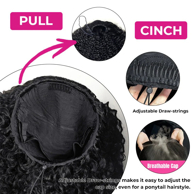 Wear Go Afro Curly Drawstring Flip‑Over Half Wig, InvisiFit Strap Real Invisible Hairline Glueless Human Hair Wig