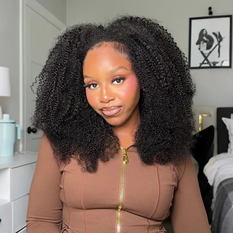 Wear Go Afro Curly Drawstring Flip‑Over Half Wig, InvisiFit Strap Real Invisible Hairline Glueless Human Hair Wig