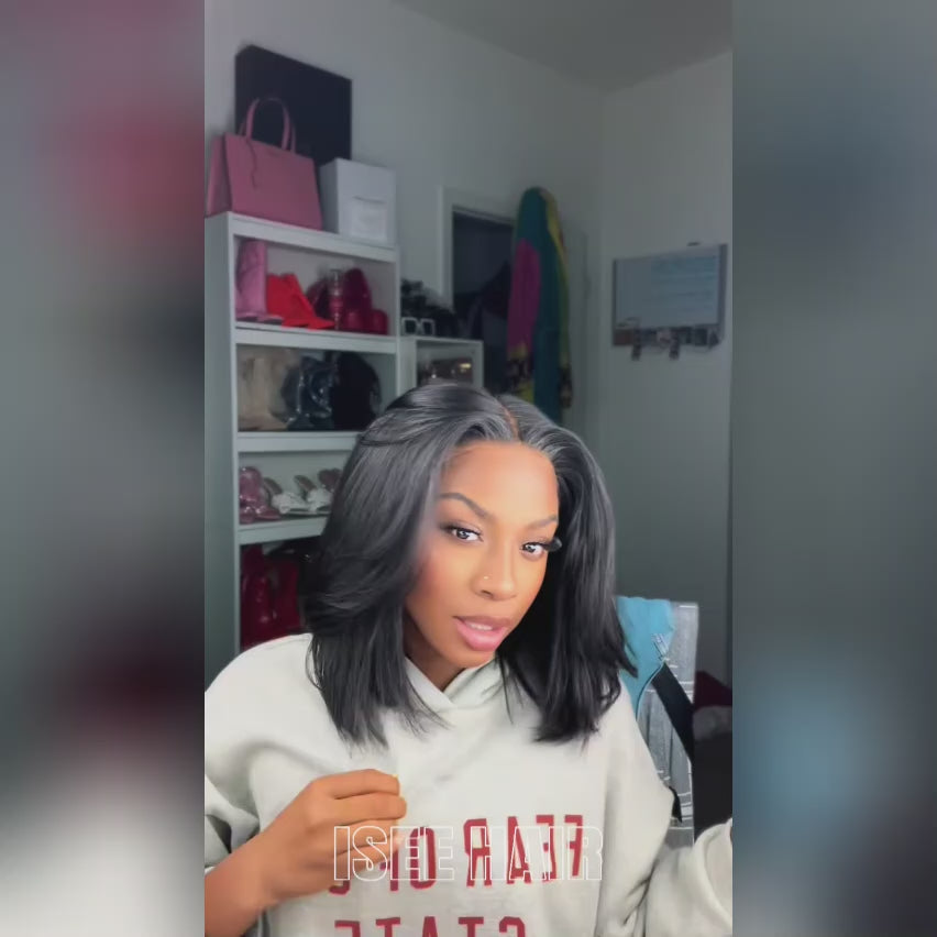 9x6 T‑Part Wear Go Glueless Lace Wig, Yaki Straight Layered Cut Bob Wig Natural Black Deep Part Lace Wig for Women